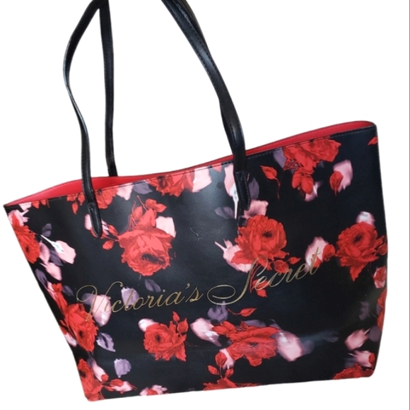 Victoria's Secret Red Black Floral Leather Classic Double Handle Tote Bag - Picture 2 of 16